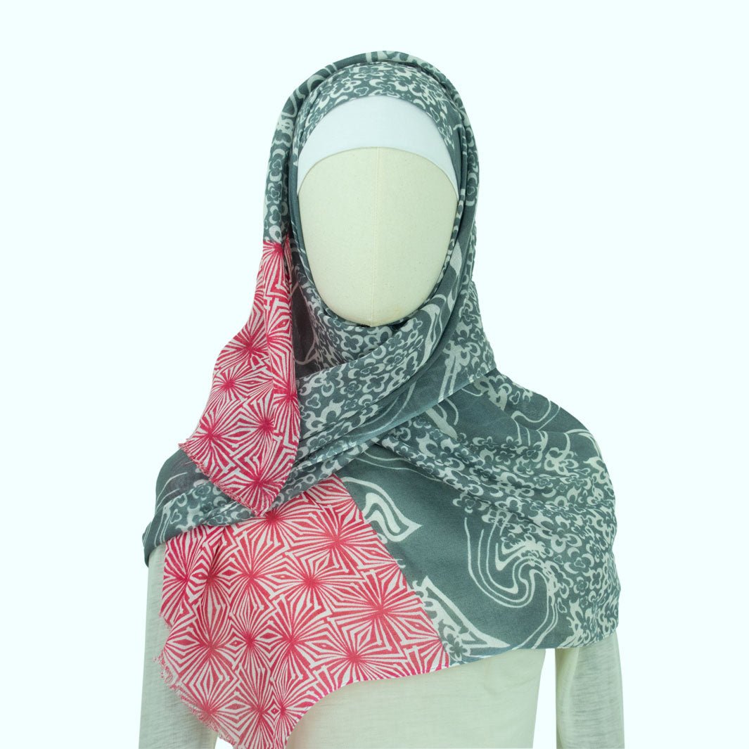 Hijab Kopftuch- Partita in Sunset Rot mit Grau